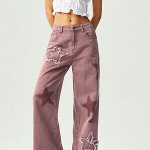 Red Casual Women's Boho Woven Five-Pointed Star Pattern Washed Wide Leg Pants